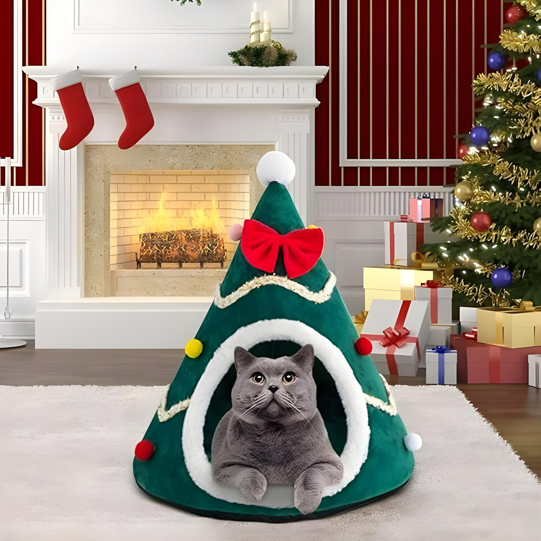 Weihnachts Katzenbett - Hundebett | Weihnachtsbaum Design | Grün/Rot | 40cm | Baumwolle | Katzenbettchen 2024